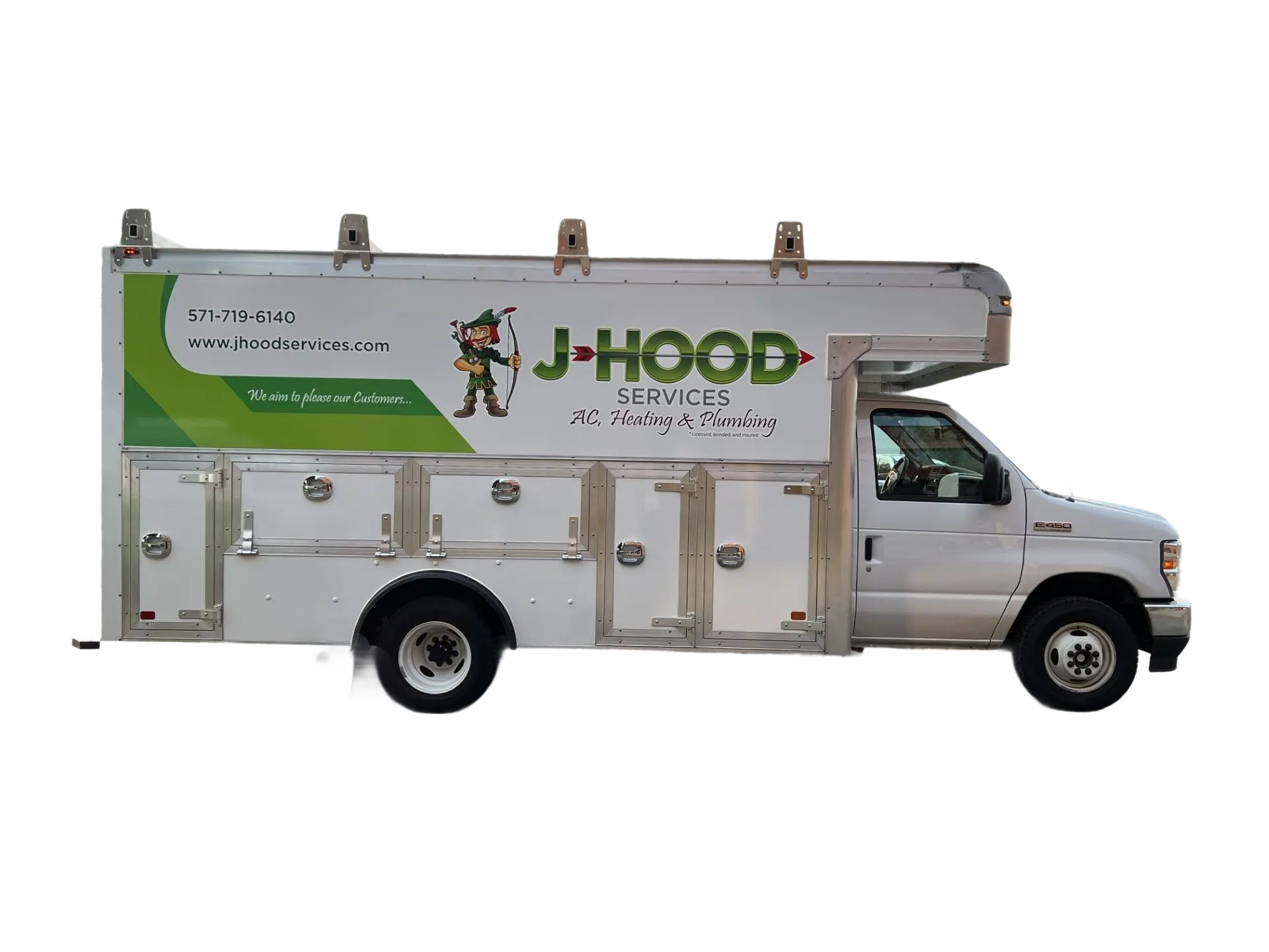 White service truck with "J-HOOD Services AC, Heating & Plumbing" logo and contact information on the side, featuring multiple storage compartments.