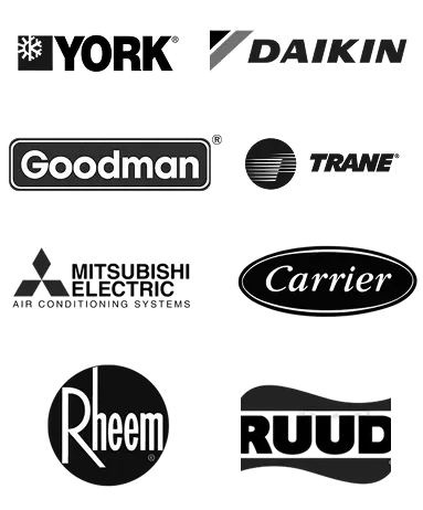 Nine HVAC company logos are displayed, including York, Daikin, Goodman, Trane, Mitsubishi Electric, Carrier, Rheem, and Ruud.