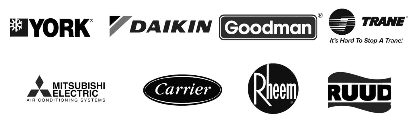 Logos of major HVAC brands: York, Daikin, Goodman, Trane, Mitsubishi Electric, Carrier, Rheem, and Ruud displayed in black and white.