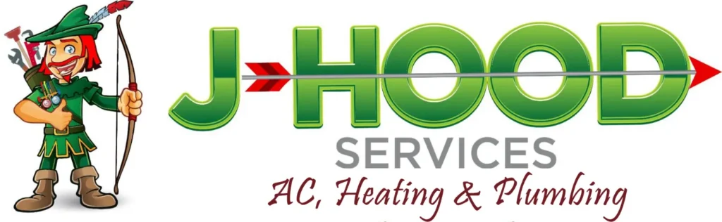 Logo for J-Hood Services featuring a cartoon archer with a bow and arrow and the text "J-HOOD Services AC, Heating & Plumbing".