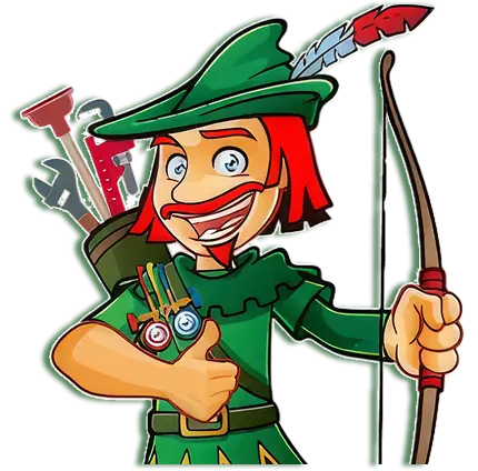 Cartoon character dressed as an archer in green clothes and hat, holding a bow, arrows, and giving a thumbs-up.
