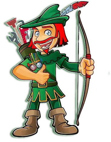 Cartoon character in green Robin Hood-style outfit holding a bow in one hand and a quiver of colorful arrows on his back, smiling.